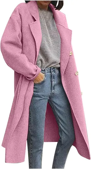 Wool Pea Coats for Women Double Breasted Classic Lapel Long Trench Coat Fall Winter Trendy Outfits Bussiness Overcoat