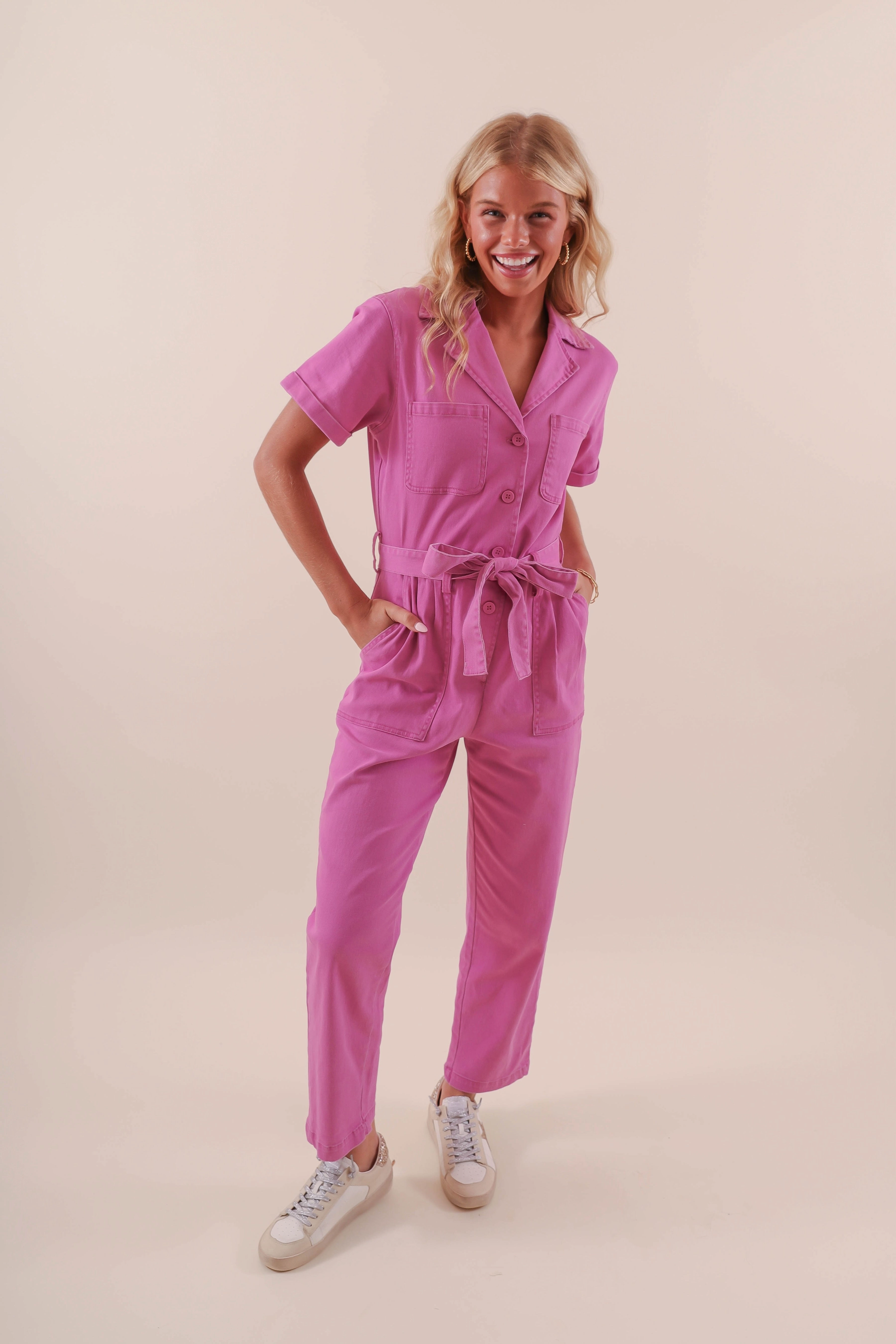 Smooth Texture High-rise waist Working On Myself Jumpsuit-Magenta