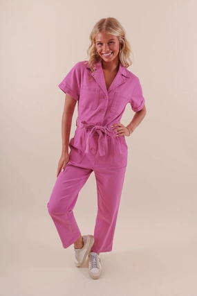 Relaxed Style AdjustableWaistband Working On Myself Jumpsuit-Magenta