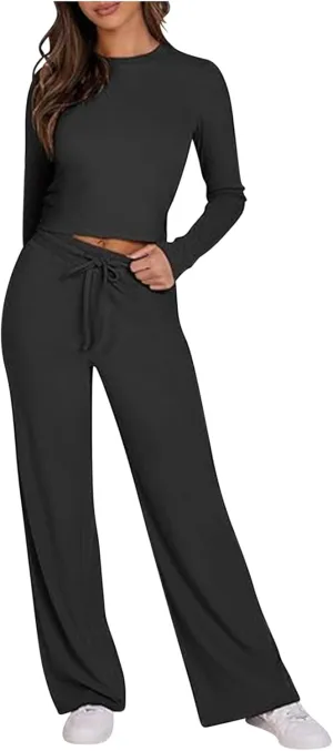 Workout Sets for Women Long Sleeve Ribbed Knit Tops and High Waisted Wide Leg Pants Lounge Sets 2 Piece Yoga Outfit