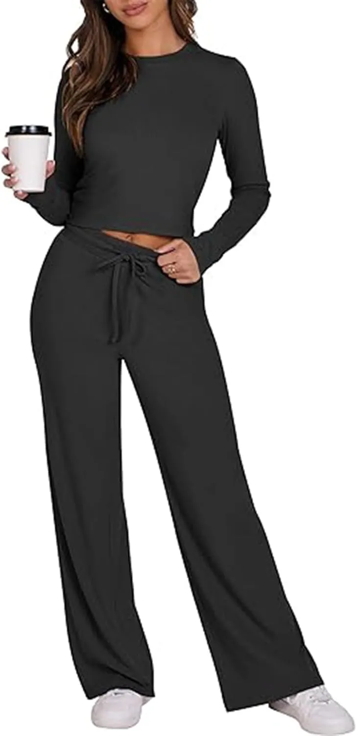 Workout Sets for Women Long Sleeve Ribbed Knit Tops and High Waisted Wide Leg Pants Lounge Sets 2 Piece Yoga Outfit