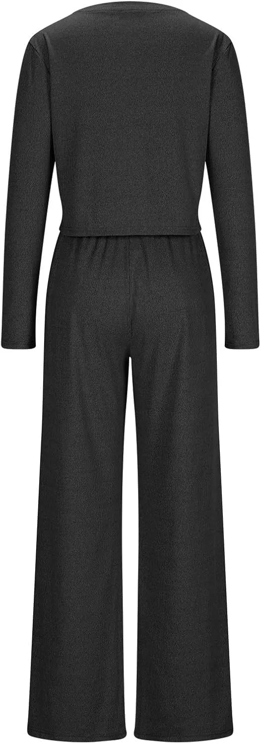 Workout Sets for Women Long Sleeve Ribbed Knit Tops and High Waisted Wide Leg Pants Lounge Sets 2 Piece Yoga Outfit