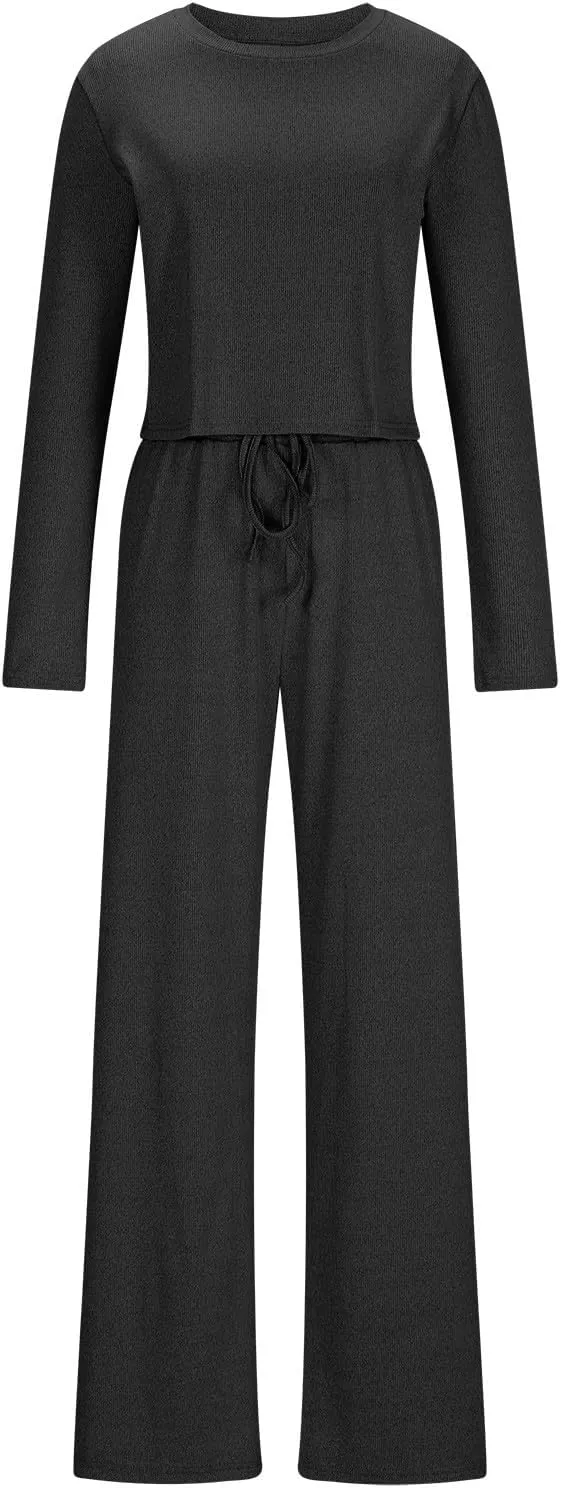 Workout Sets for Women Long Sleeve Ribbed Knit Tops and High Waisted Wide Leg Pants Lounge Sets 2 Piece Yoga Outfit