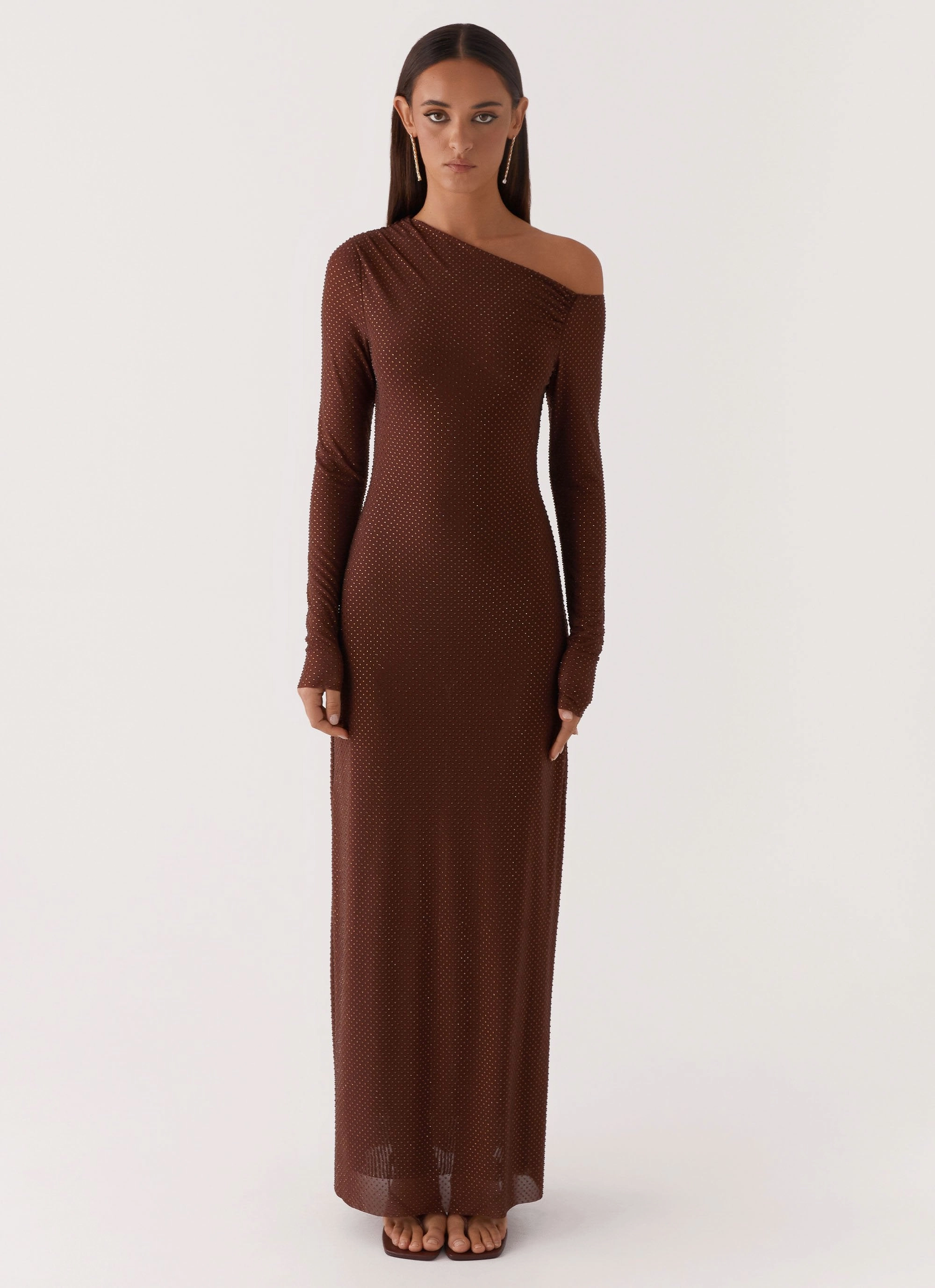 Stud-Detail Oriana Sequin Maxi Dress - Chocolate