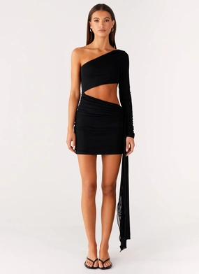 Contrast-Panel Wrapped Asymmetrical Mesh Dress - Black