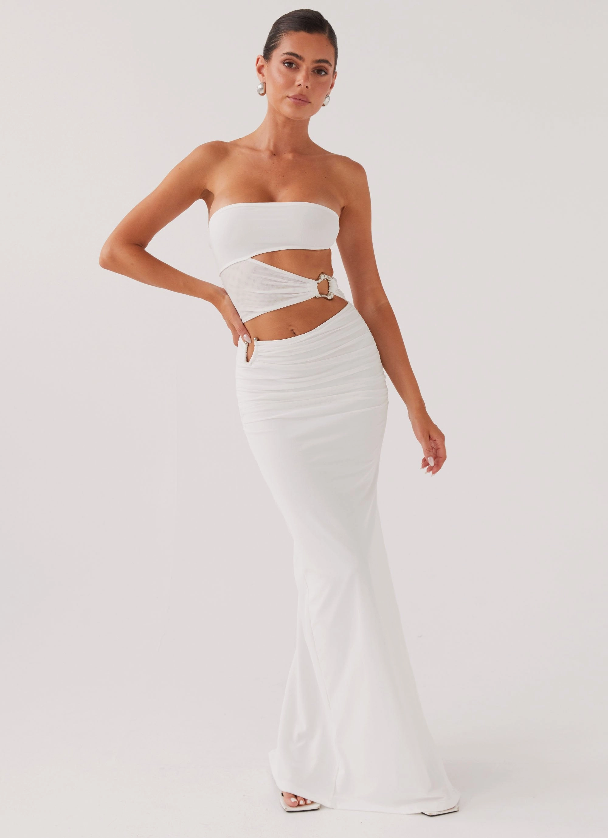 Into Pieces Mesh Maxi Dress - White Relax Motion Cap-Sleeve