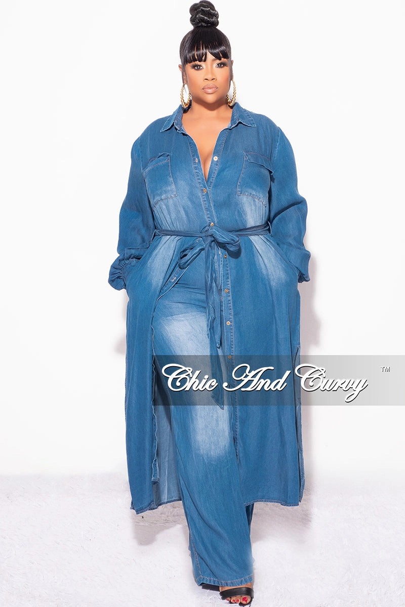 No Chafe Flared bottom Final Sale Plus Size 2pc Trench Jacket and Pants Set in Denim