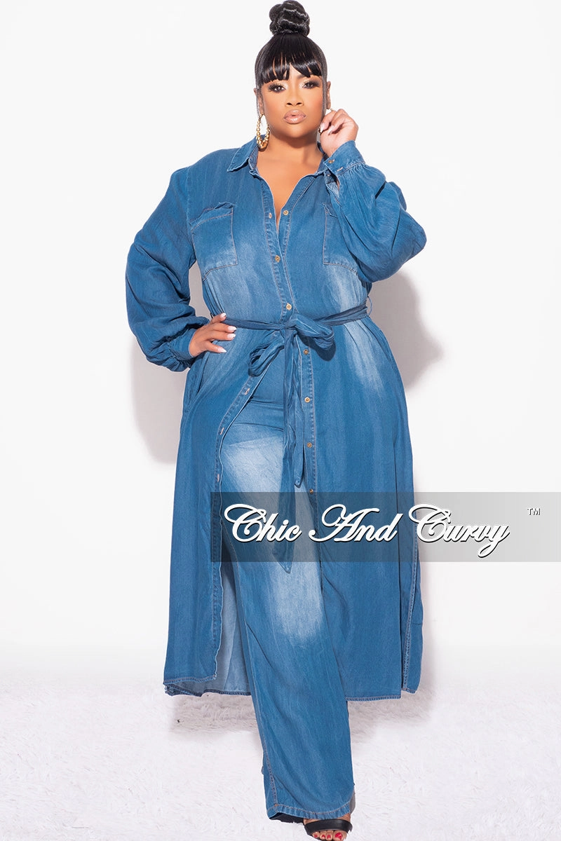 Final Sale Plus Size 2pc Trench Jacket and Pants Set in Denim elastic waistband