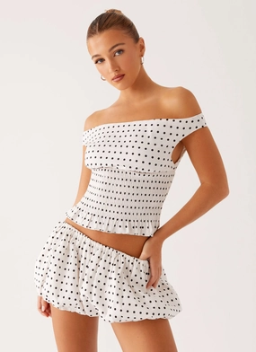Ultra Soft Handfeel Antibacterial Heather Off Shoulder Top - White Black Polka Dot