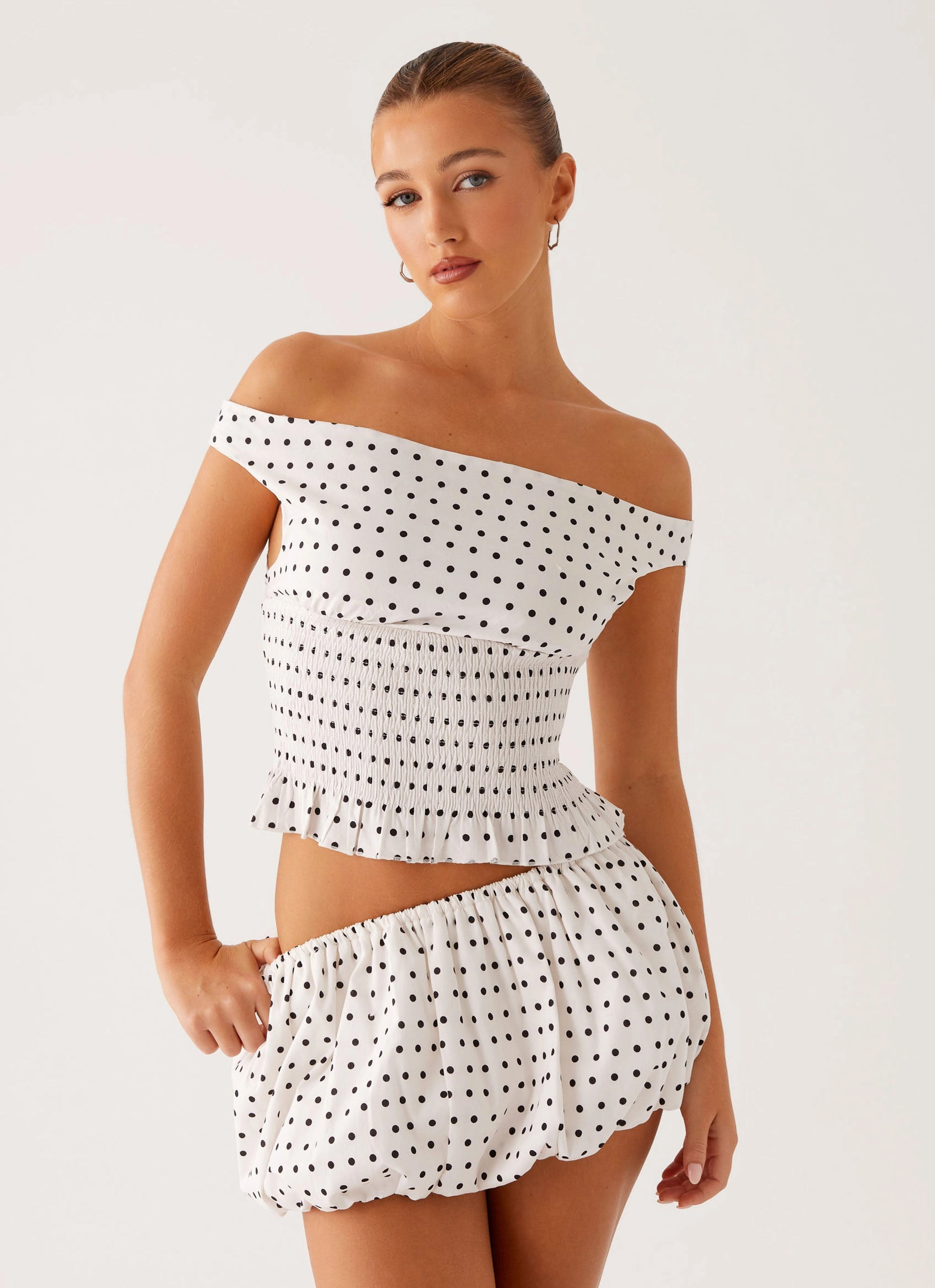 Heather Off Shoulder Top - White Black Polka Dot ElasticTrimming