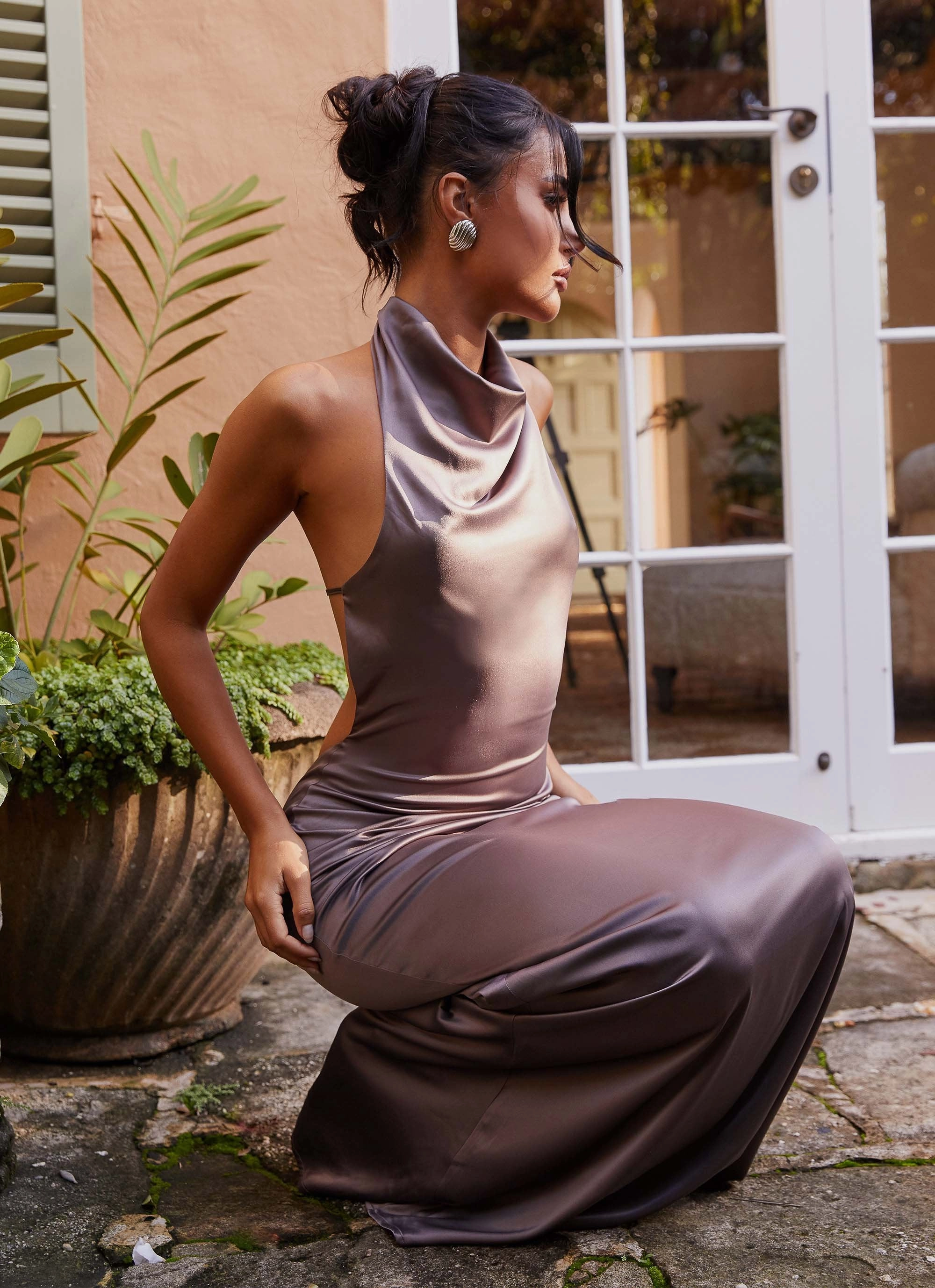 Villa Light Flared-Hem Wynn Satin Maxi Dress - Chocolate
