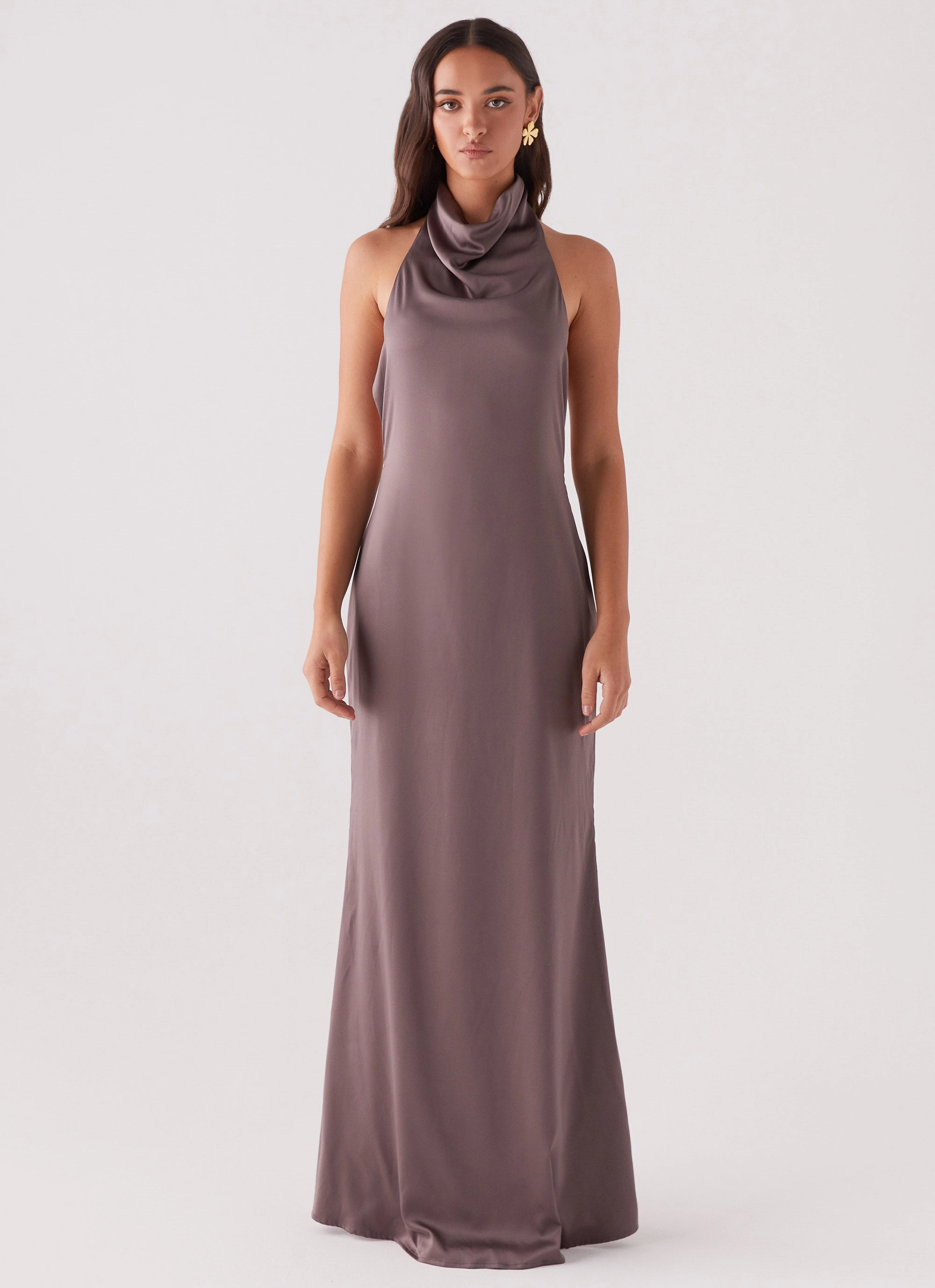 Breath Ease High low hem Wynn Satin Maxi Dress - Chocolate