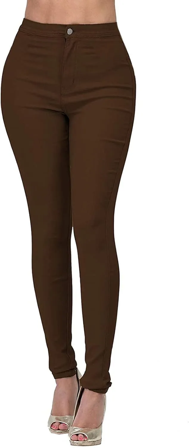 XUETON Stretchy Jeggings with Pockets for Women High Wasited Pull-On Stretchy Slim Fit Skinny Jeans Pencil Denim Pants Tights(Brown,Medium)