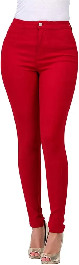 XUETON Stretchy Jeggings with Pockets for Women High Wasited Pull-On Stretchy Slim Fit Skinny Jeans Pencil Denim Pants Tights(Red,Large)