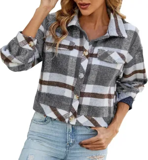 XUNRYAN Women's Cropped Plaid Shacket 2022 Long Sleeve Button Up Flannel Shirt Winter Tartan Jacket Wool-Blend Coats