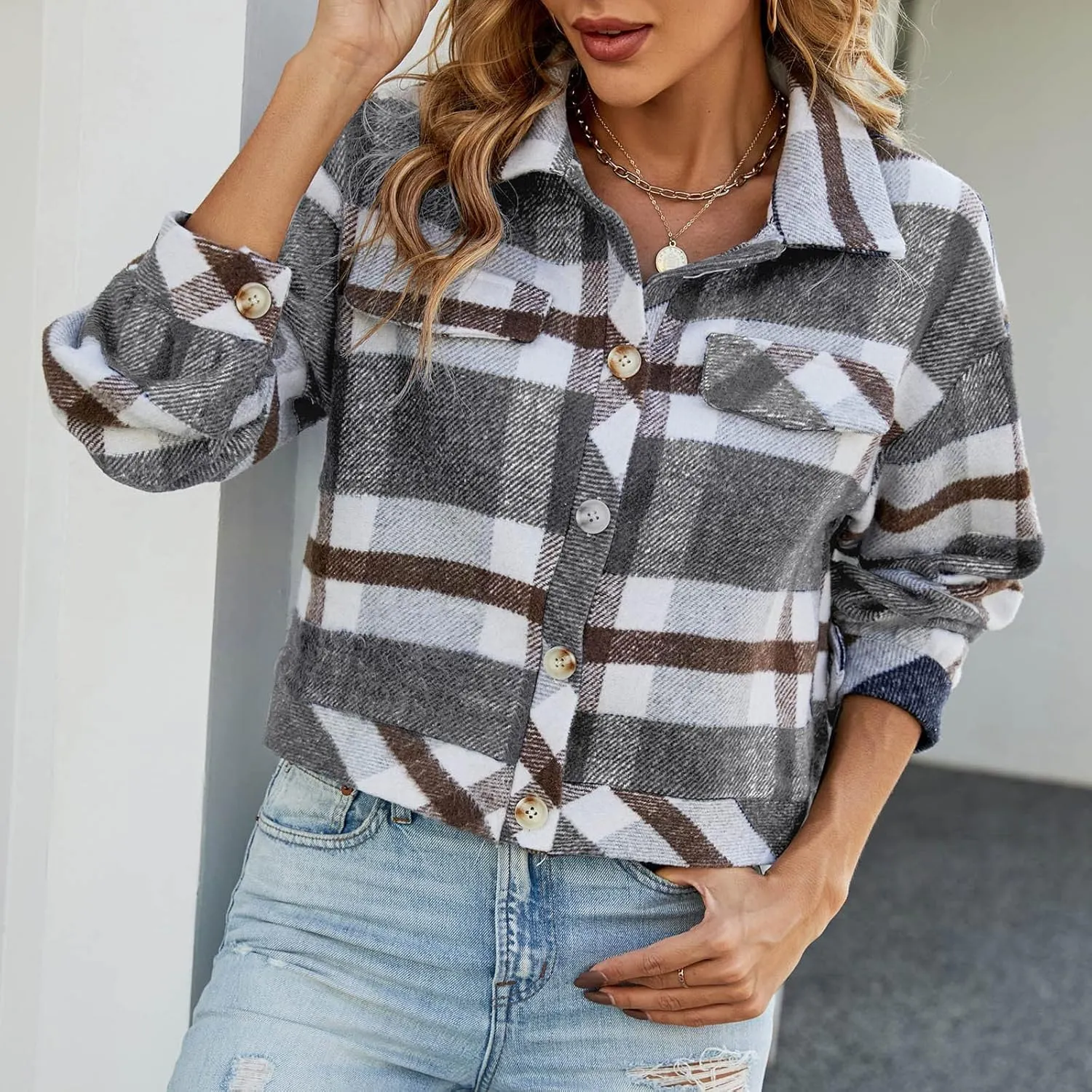 XUNRYAN Women's Cropped Plaid Shacket 2022 Long Sleeve Button Up Flannel Shirt Winter Tartan Jacket Wool-Blend Coats