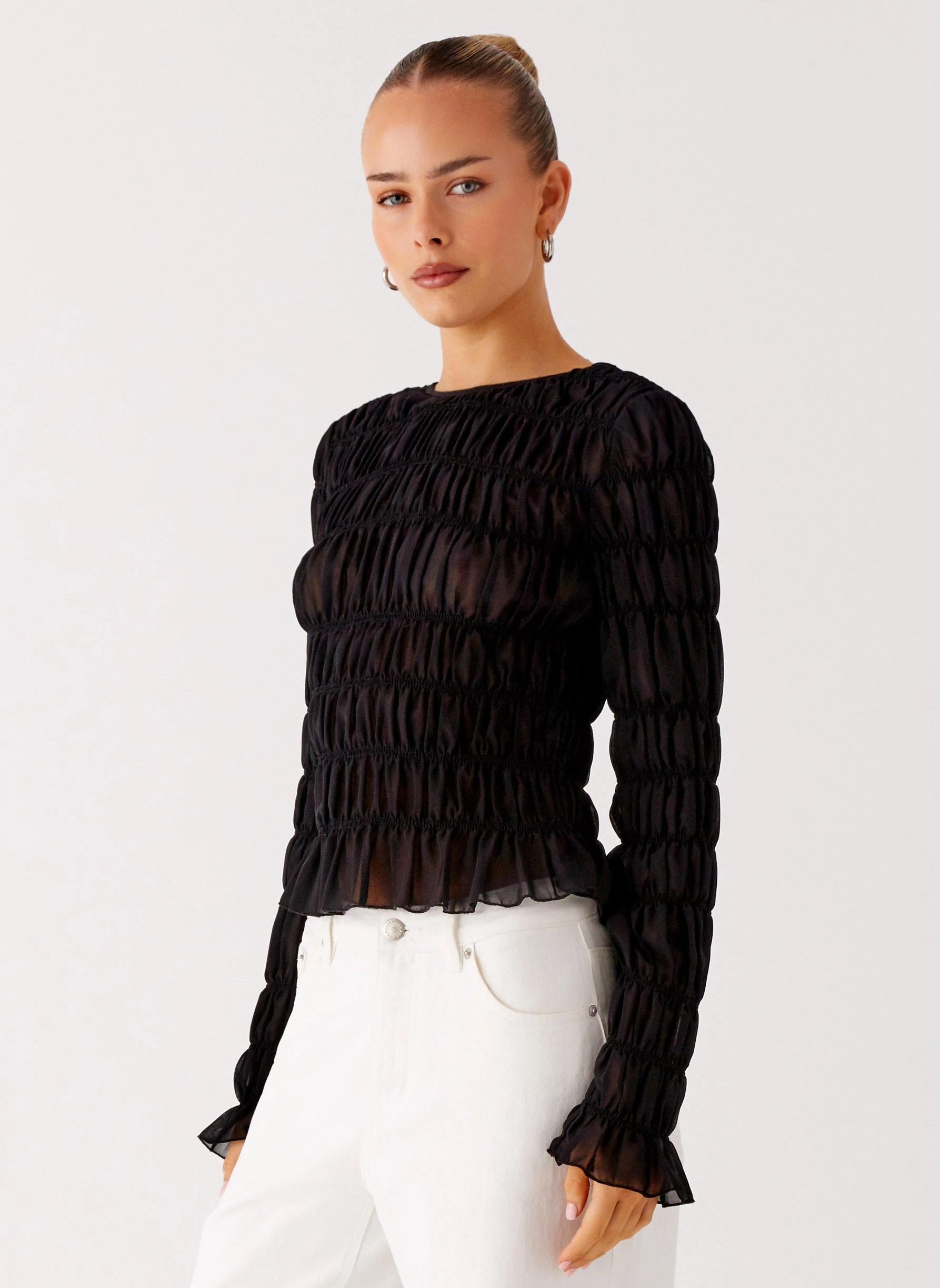 Bella Long Sleeve Top - Black DoubleLayeredShoulders StretchFabric