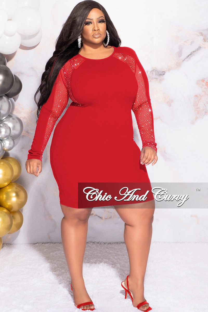 Final Sale Plus Size Rhinestone Sheer Sleeve BodyCon Dress in Red Anti Pilling Technology