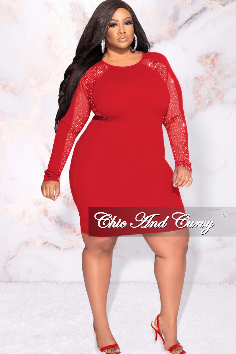 ConvertibleStyle Cozy Cardigan Final Sale Plus Size Rhinestone Sheer Sleeve BodyCon Dress in Red