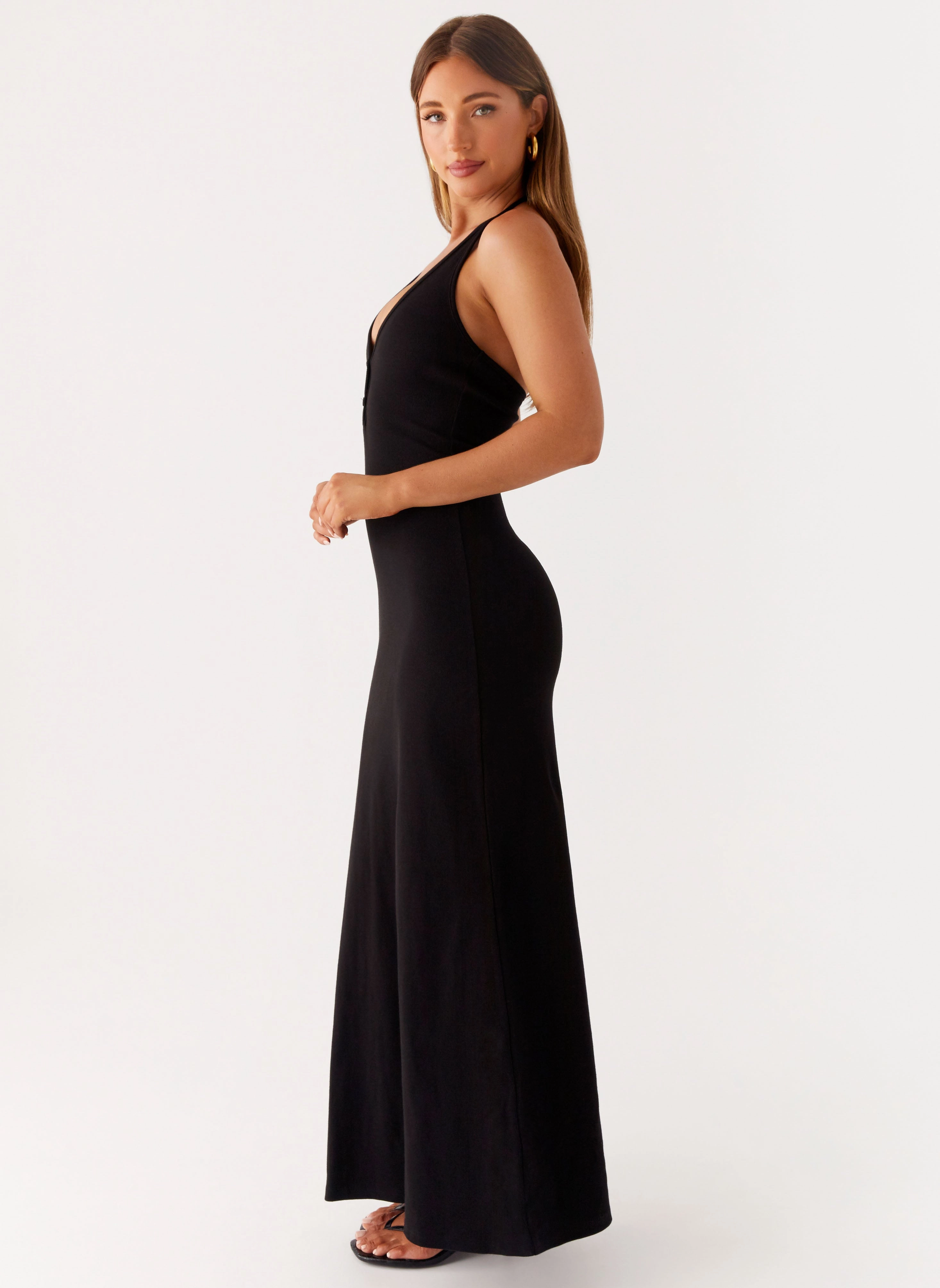 Yaselle Button Front Maxi Dress - Black countryside Sophisticated Comfort