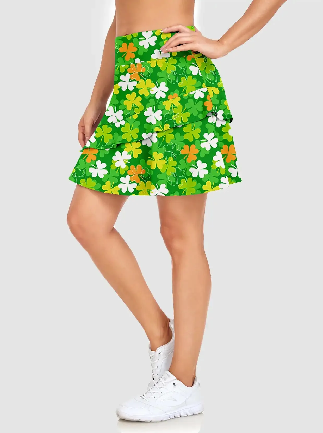 Yellow and Green Shamrock Double-Layer Ruffled Skort with Pockets