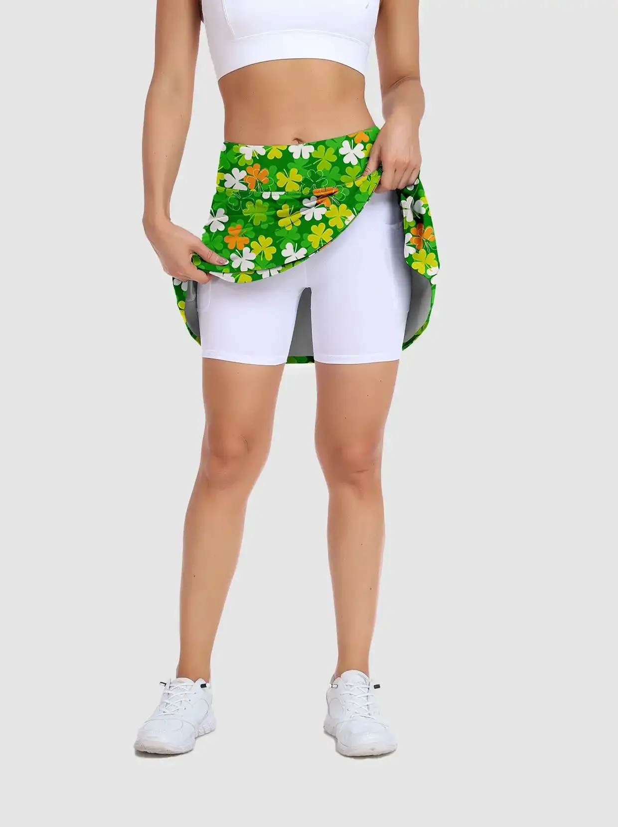 Yellow and Green Shamrock Double-Layer Ruffled Skort with Pockets