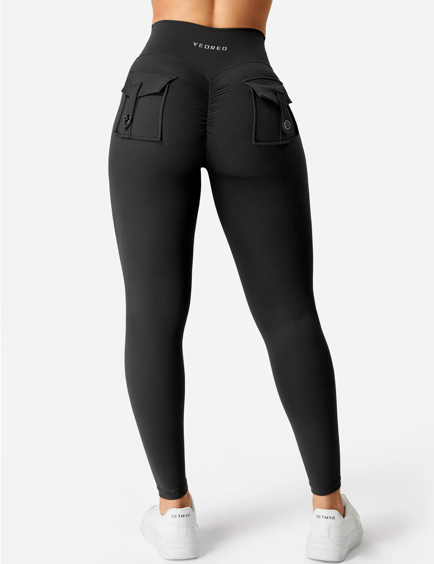 YEOREO Leggings with Pockets for Women Charm Scrunch Workout Leggings V Cross Waist Butt Lifting Gym Yoga Pants Black S