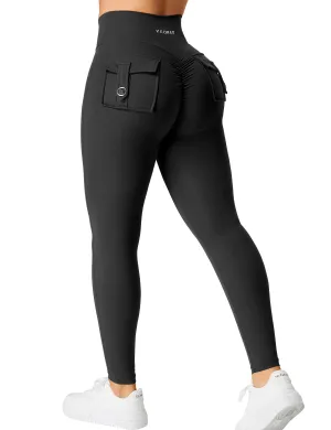 YEOREO Leggings with Pockets for Women Charm Scrunch Workout Leggings V Cross Waist Butt Lifting Gym Yoga Pants Black S