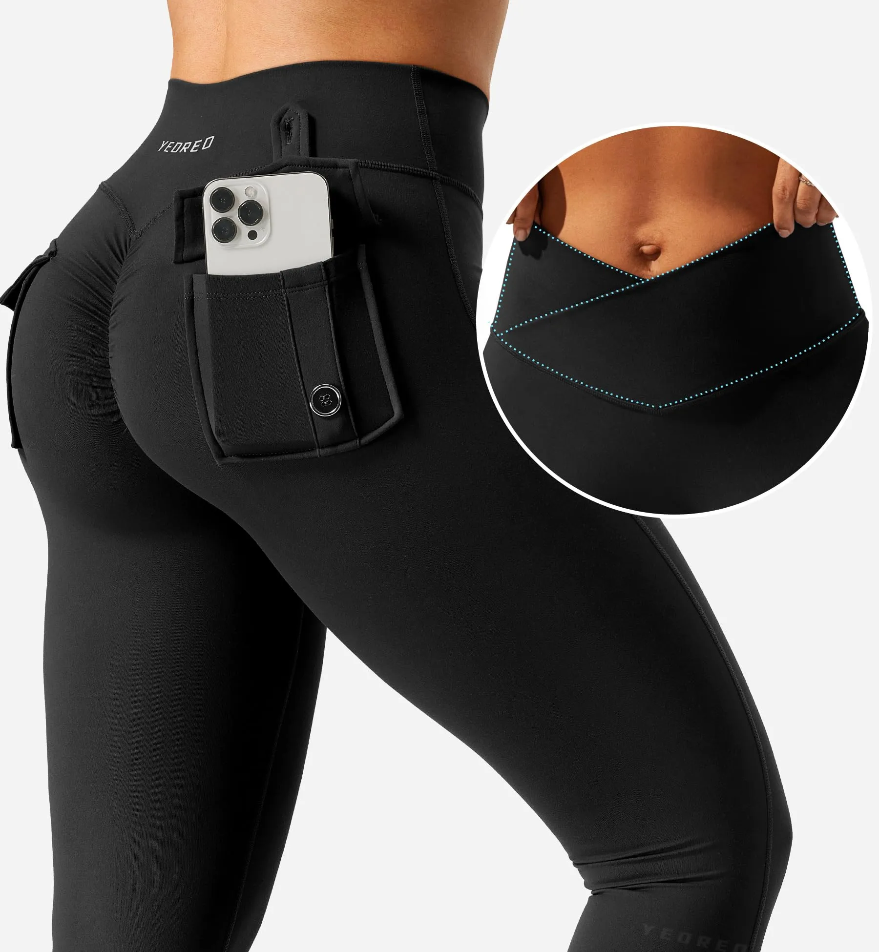 YEOREO Leggings with Pockets for Women Charm Scrunch Workout Leggings V Cross Waist Butt Lifting Gym Yoga Pants Black S