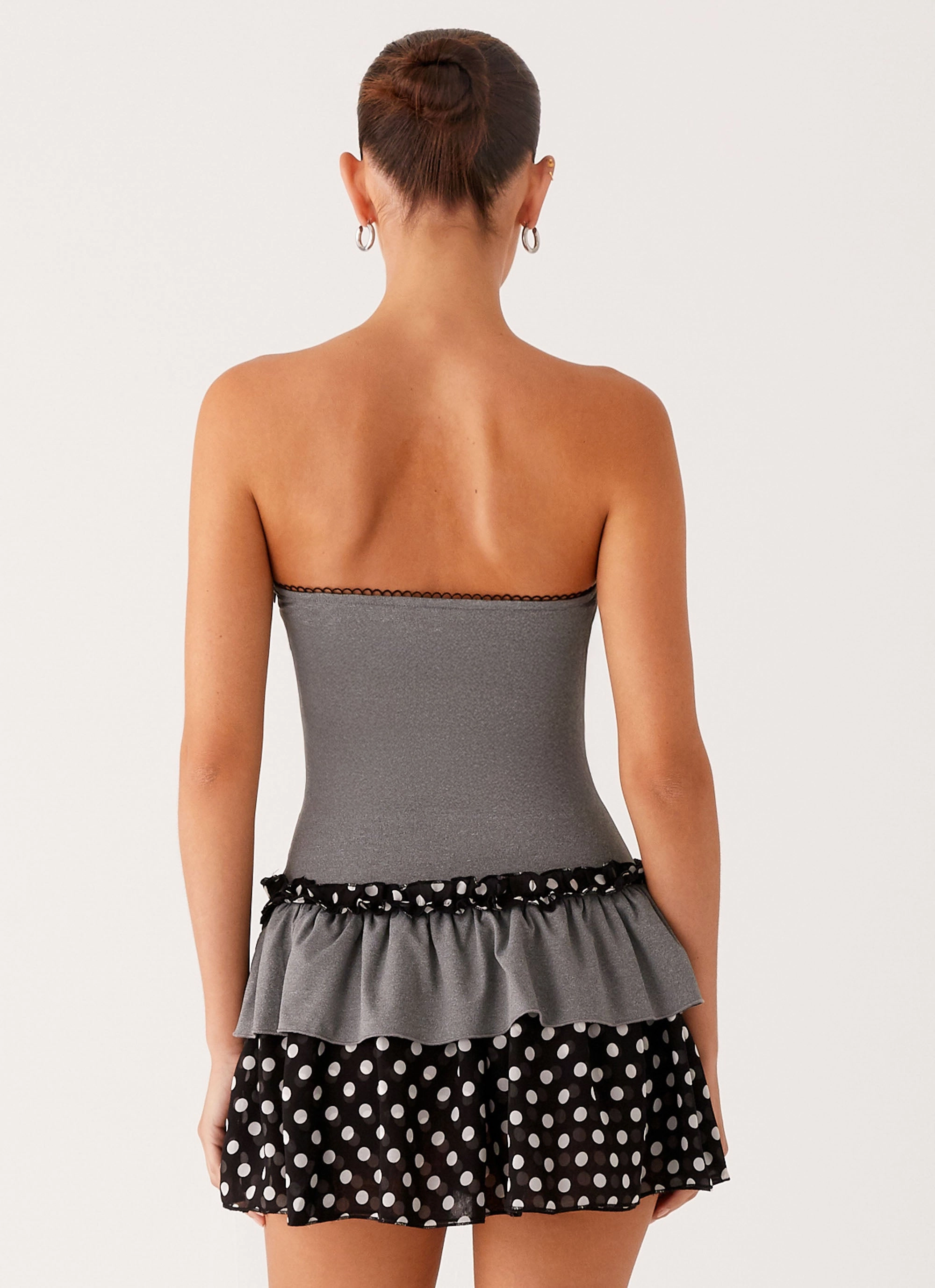 Non-Pilling Yerin Strapless Frill Mini Dress - Grey Polkadot