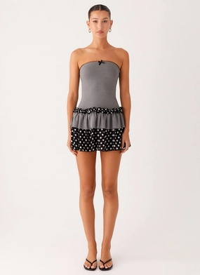 Yerin Strapless Frill Mini Dress - Grey Polkadot Asymmetrical hem