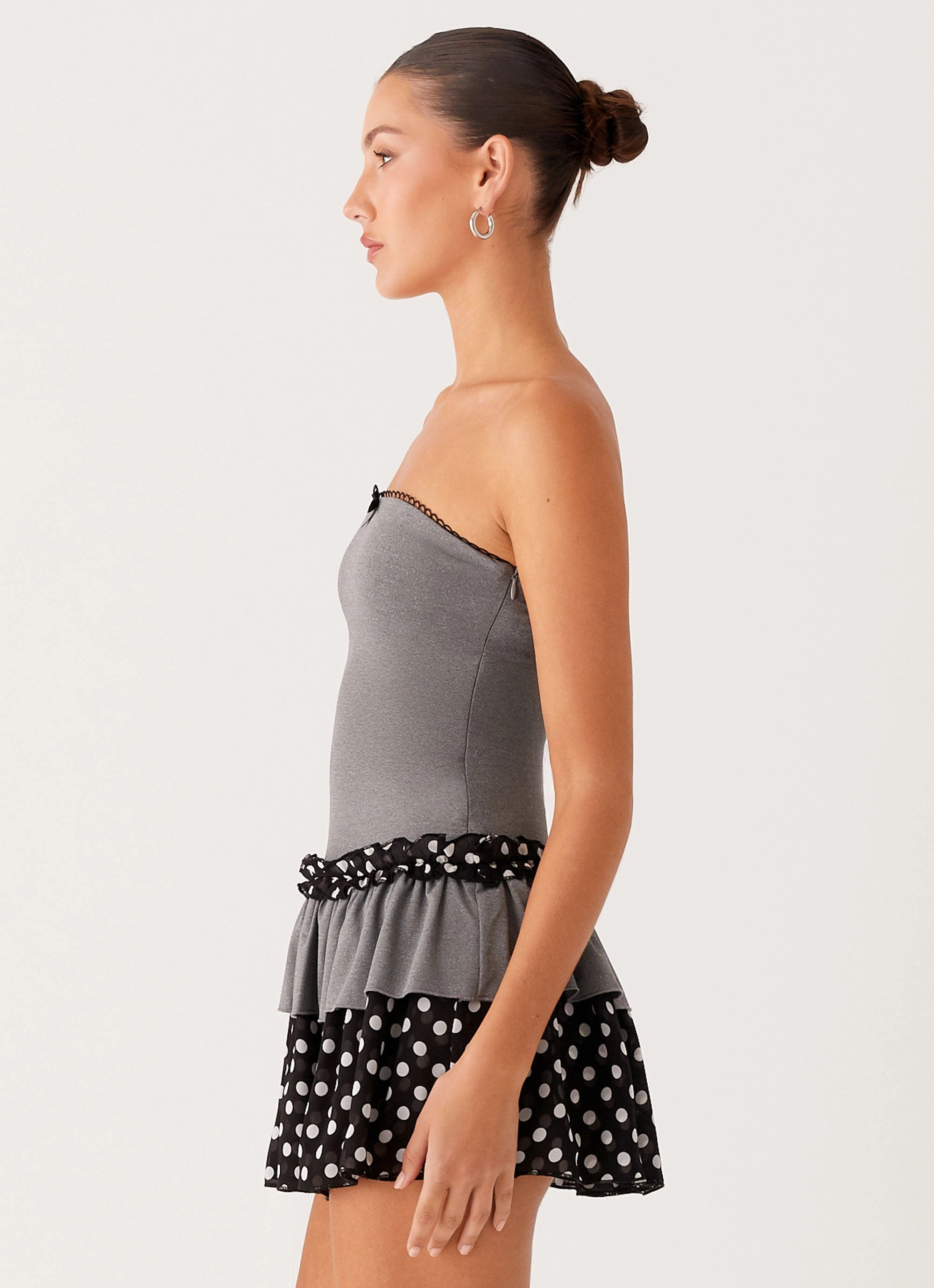Yerin Strapless Frill Mini Dress - Grey Polkadot MoldResistantTexture Kind Glow
