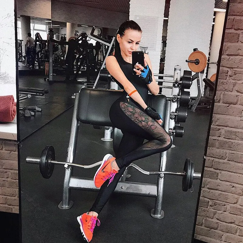 Yoga Set Mesh Patchwork Black Sport Suit