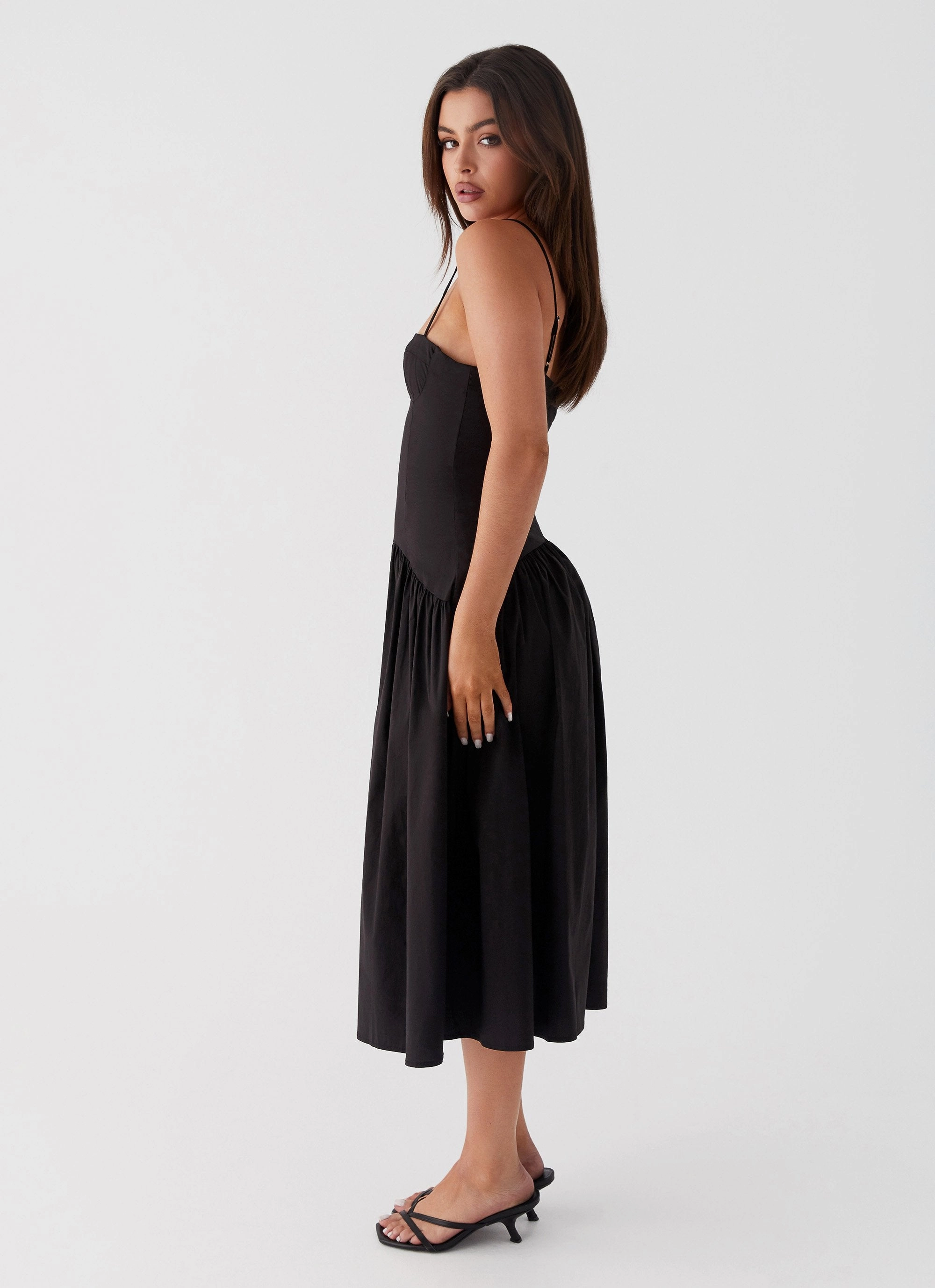 Yvette Corset Midi Dress - Black Flared-Hem