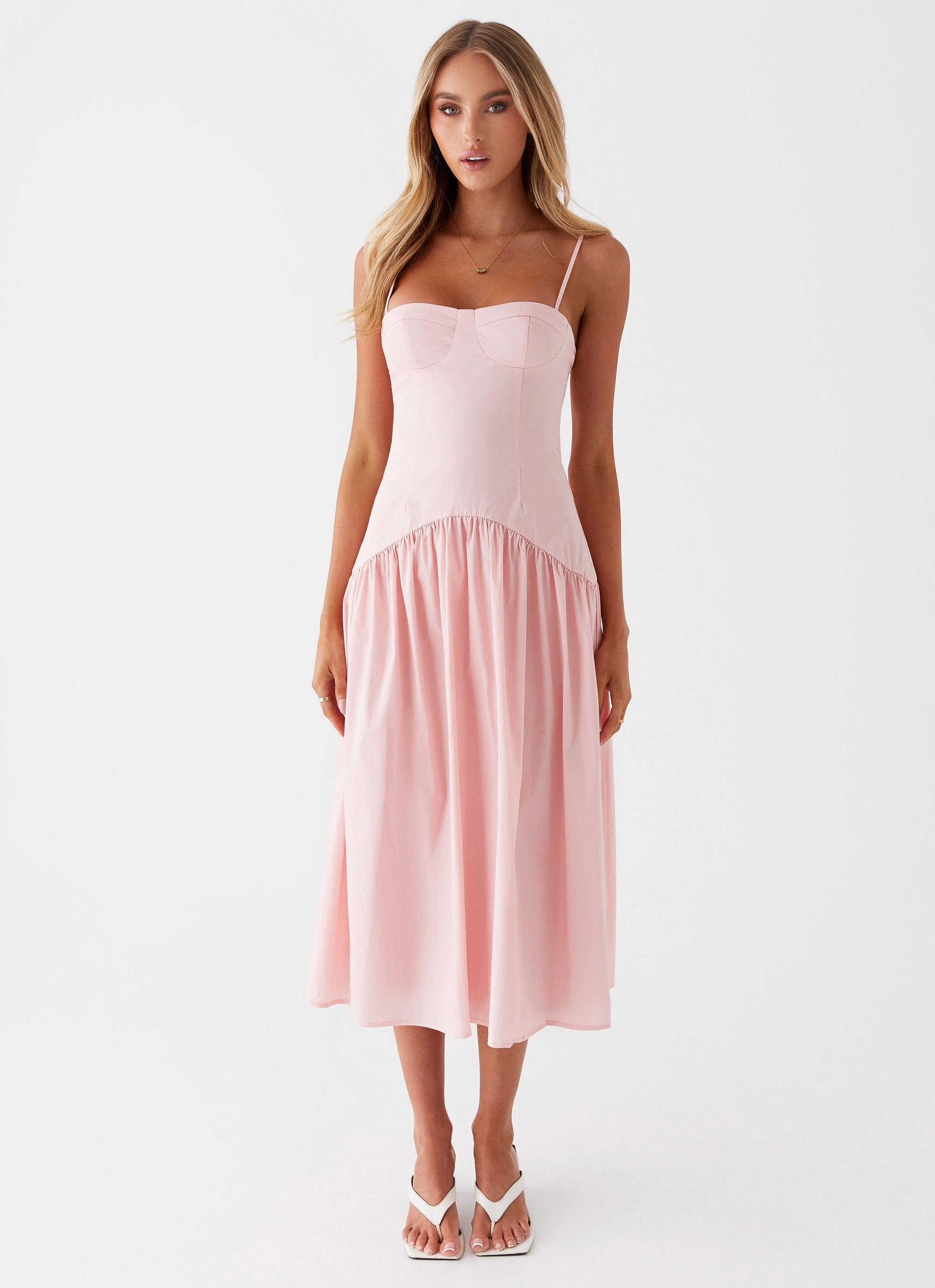 Yvette Corset Midi Dress - Pink Scalloped-Edge Structured-Shape