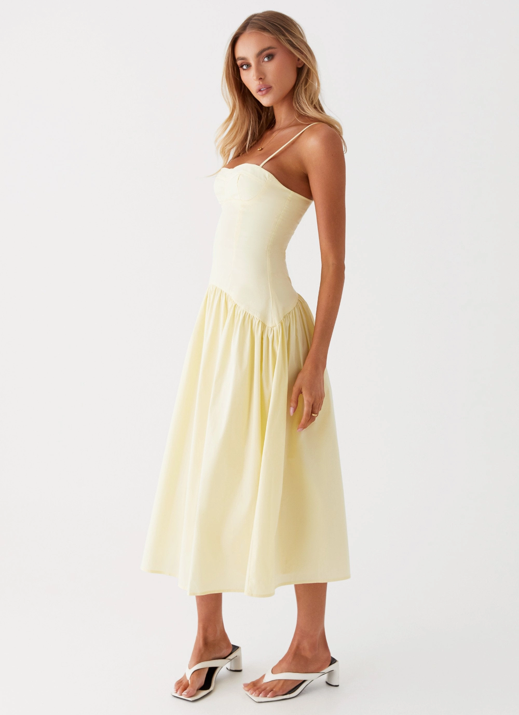 Lace-Sleeve Yvette Corset Midi Dress - Yellow