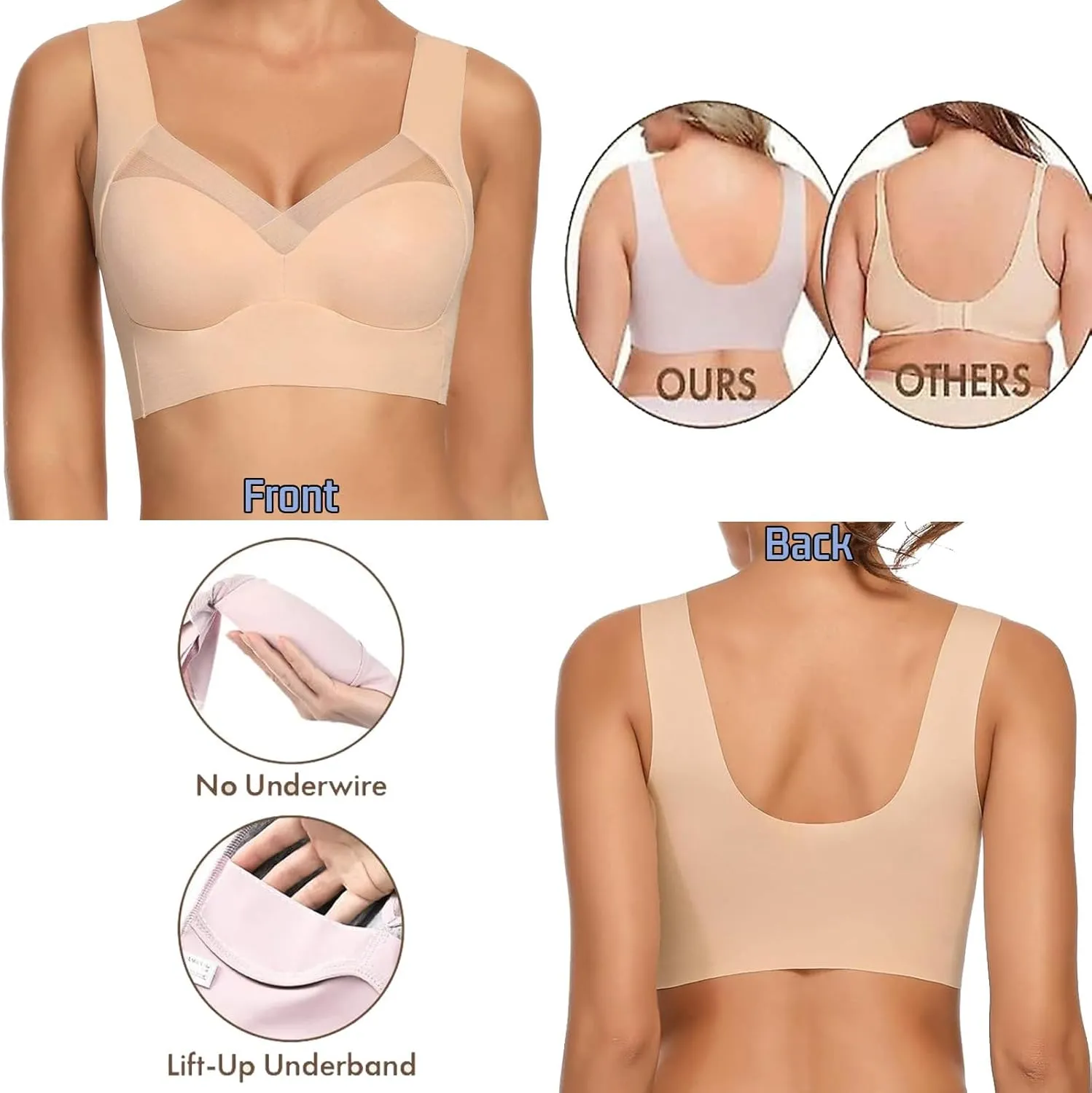 Zen Chic Bras for Seniors Seamless Wireless Posture Correcting Push Up Bra Anti Sagging Full Coverage Ice Silk Bra