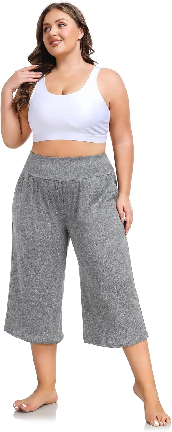ZERDOCEAN Women's Plus Size Wide Leg Capris High Waist Yoga Pants Casual Loose Lounge Pants with Pockets