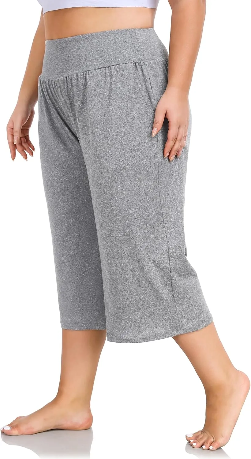 ZERDOCEAN Women's Plus Size Wide Leg Capris High Waist Yoga Pants Casual Loose Lounge Pants with Pockets