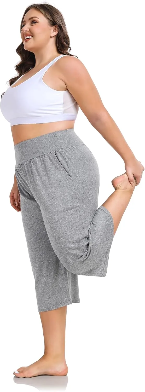 ZERDOCEAN Women's Plus Size Wide Leg Capris High Waist Yoga Pants Casual Loose Lounge Pants with Pockets