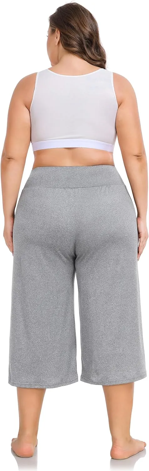 ZERDOCEAN Women's Plus Size Wide Leg Capris High Waist Yoga Pants Casual Loose Lounge Pants with Pockets