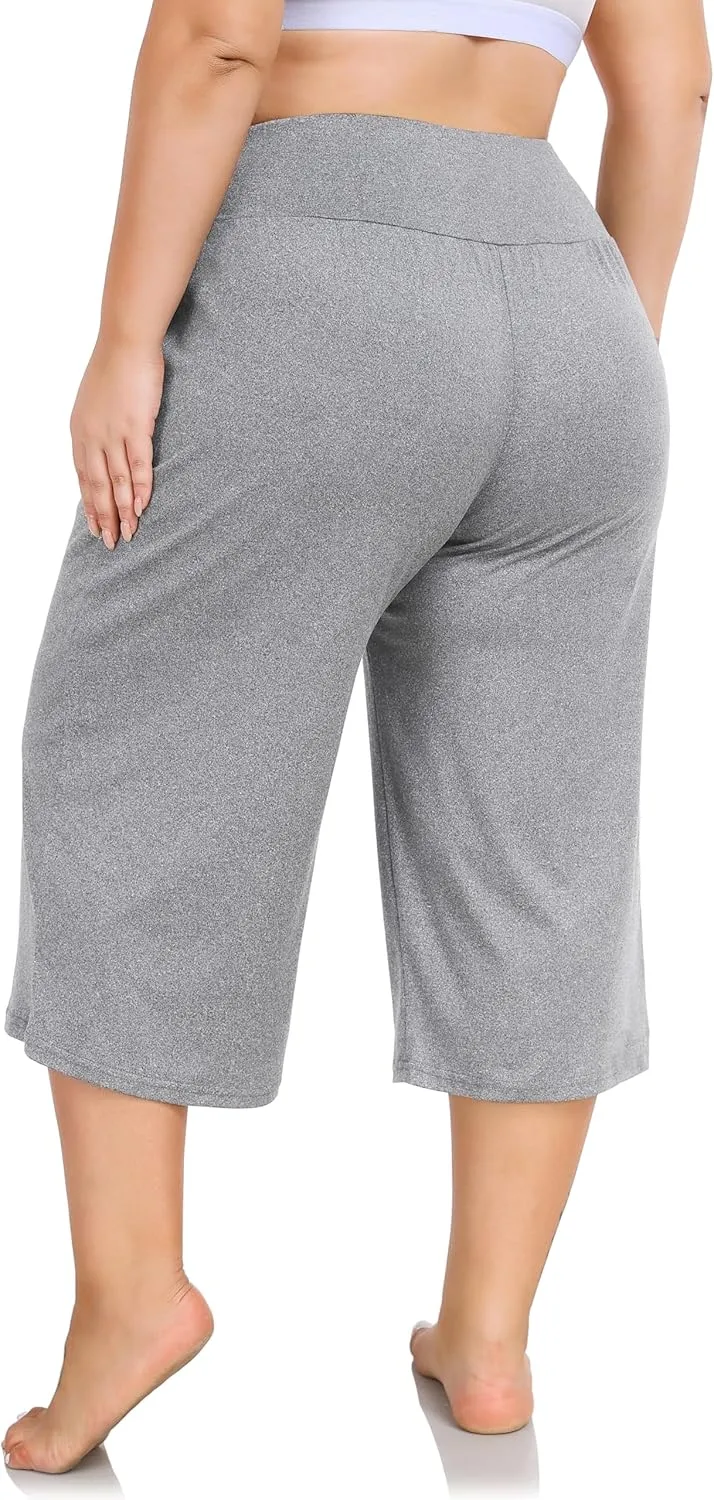 ZERDOCEAN Women's Plus Size Wide Leg Capris High Waist Yoga Pants Casual Loose Lounge Pants with Pockets