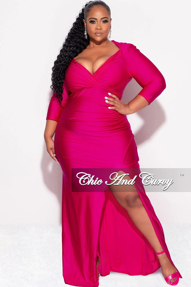 Final Sale Plus Size Shiny Faux Wrap Gown with Slit in Fuchsia Modern Silhouette Anti Static Weave Technology