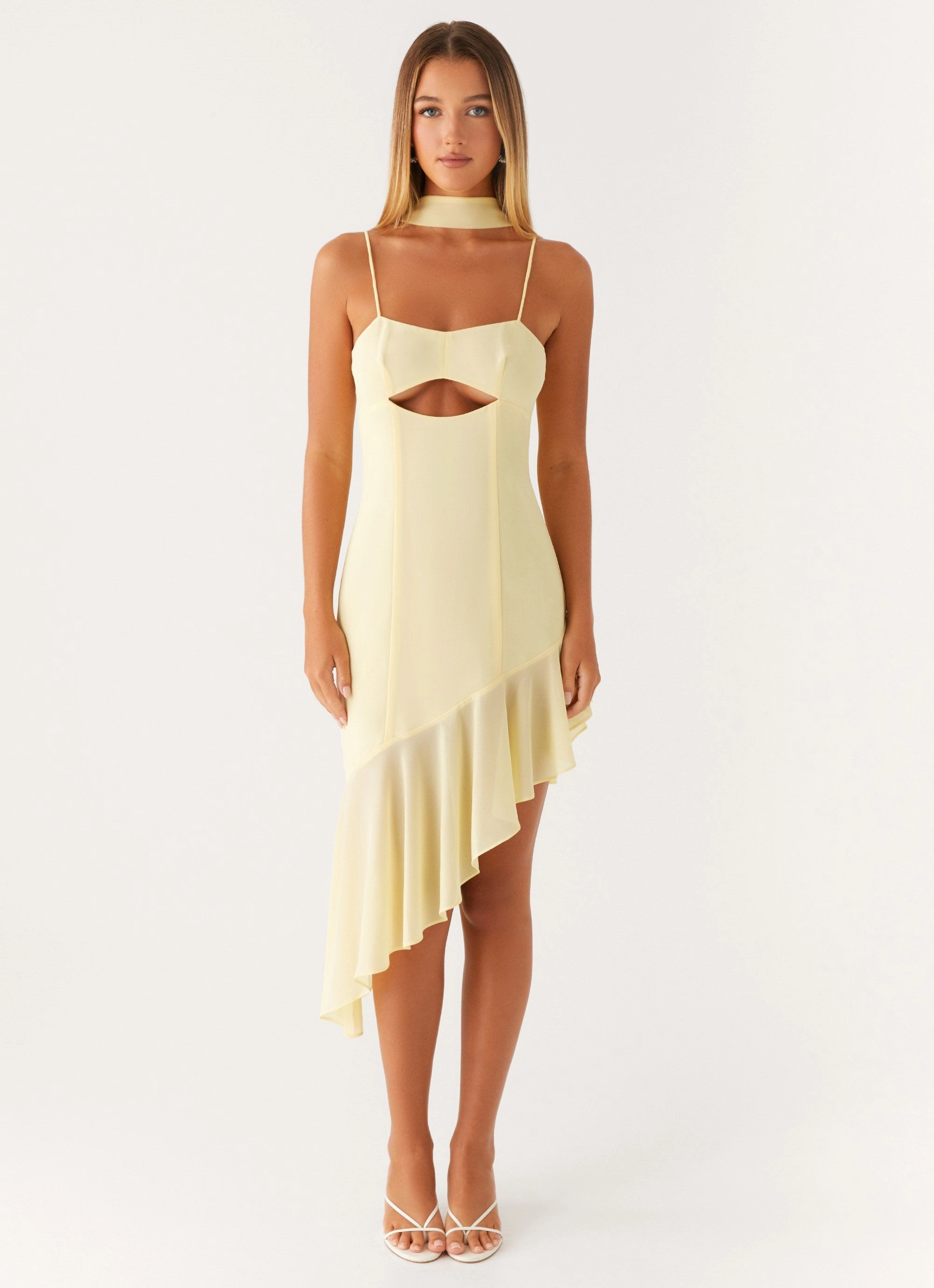 Smooth Layering Ribbed-Texture Zesty Asymmetrical Midi Dress - Yellow