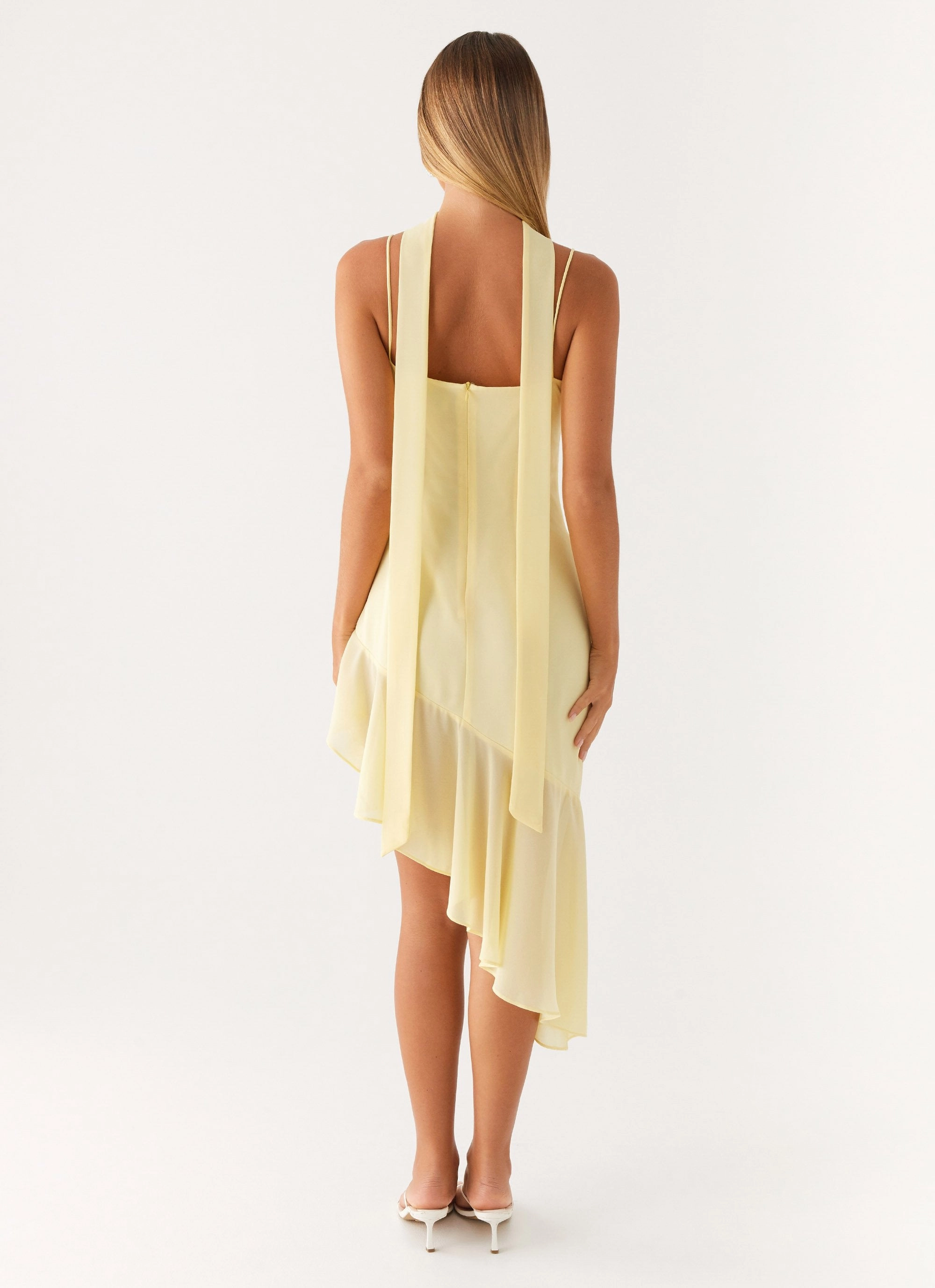 Zesty Asymmetrical Midi Dress - Yellow Sleek Fit Romance Glow