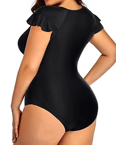 Zipper Front Plus Size One Piece Bathing Suit For Women Tummy Control-Black