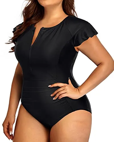 Zipper Front Plus Size One Piece Bathing Suit For Women Tummy Control-Black