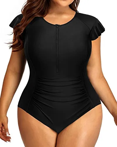 Zipper Front Plus Size One Piece Bathing Suit For Women Tummy Control-Black
