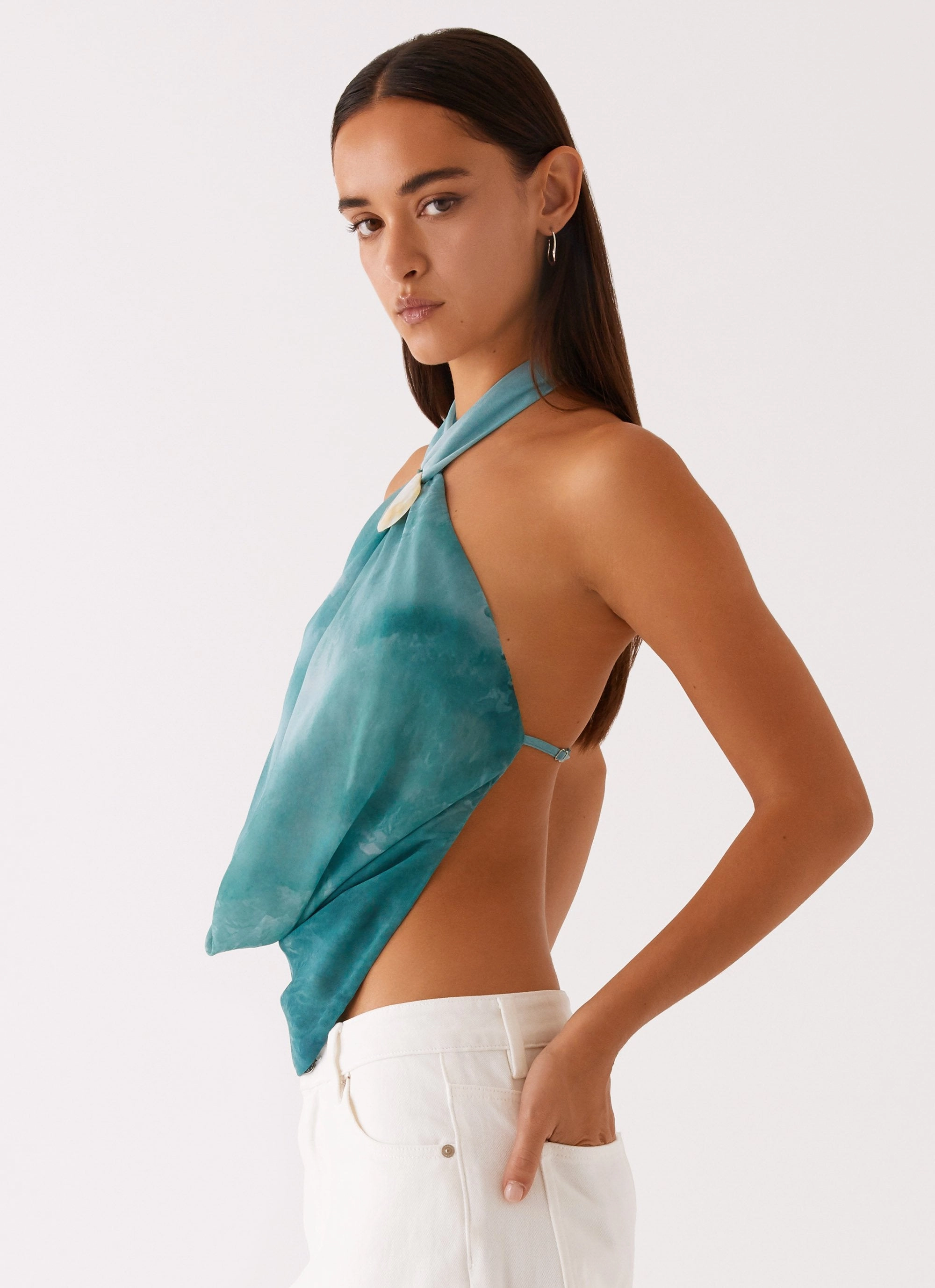 Zola Cowl Neck Shell Top - Green Tie Dye Reinforced Shoulder Seams