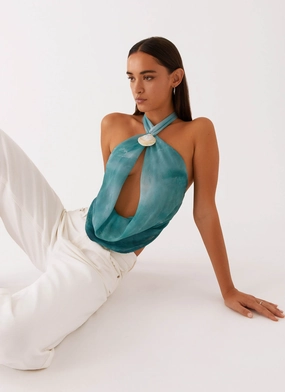 Zola Cowl Neck Shell Top - Green Tie Dye BreathableFabricTech Moisture Wicking Fabric